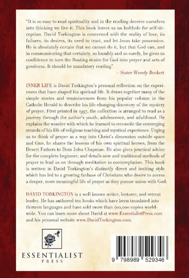 Back cover of a book featuring a testimonial, descriptions of the book and author, a barcode, publisher’s logo, and a website link. The background is a textured, red pattern with cream-coloured text.